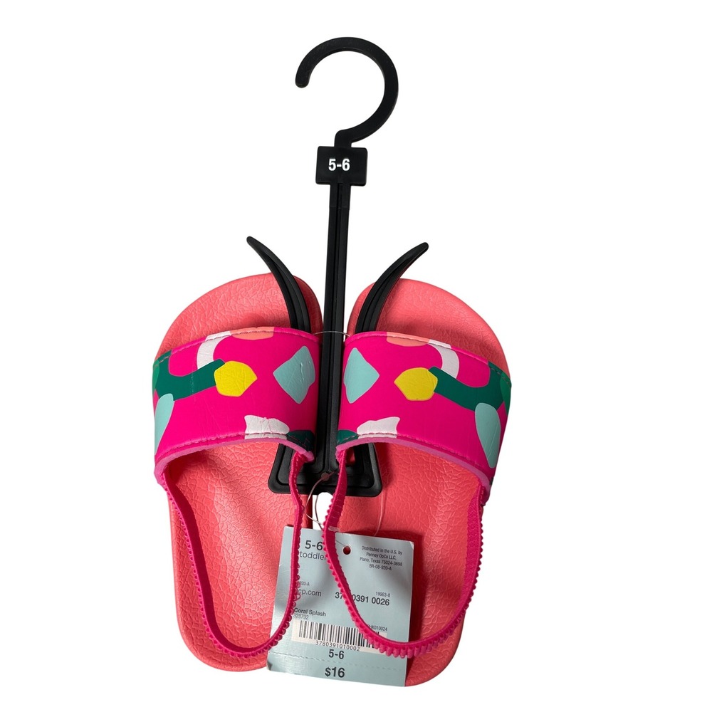 Okie Dokie Toddler Girls Coral Splash Slide Sandals Pink Abstract Size 5-6 NEW